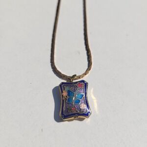 Vintage Cloisonne Butterfly Necklace  purple Blue Gold Tone Enamel Pendant